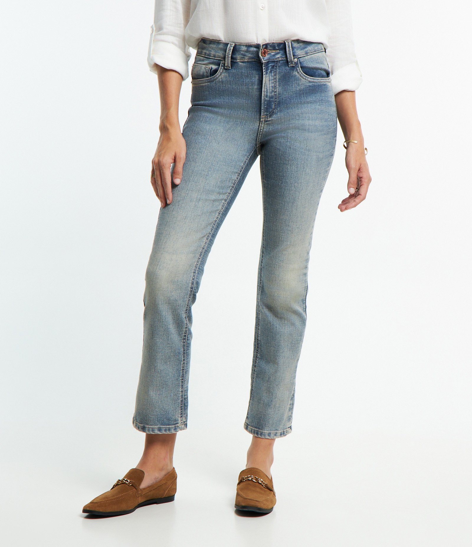 Calça Reta Cropped em Jeans Dirty Washed Azul 3