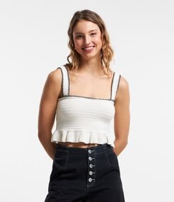 Blusa de Alça em Tricô com Pesponto e Babadinho na Barra