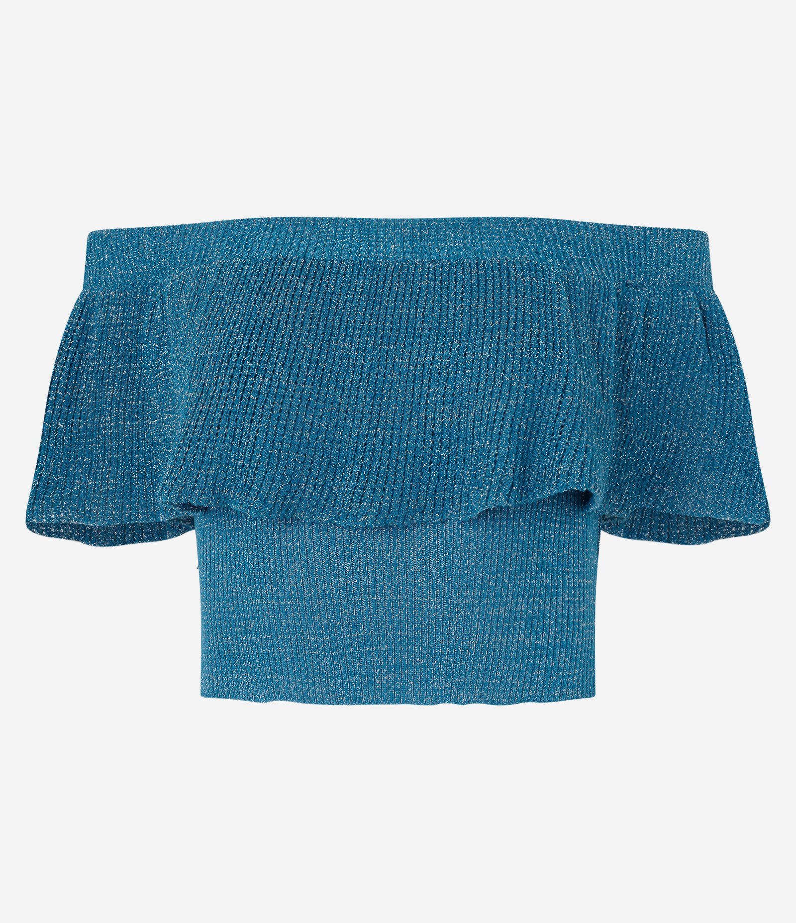 Blusa Curta em Tricô Ombro a Ombro com Fio Metalizado Azul 5