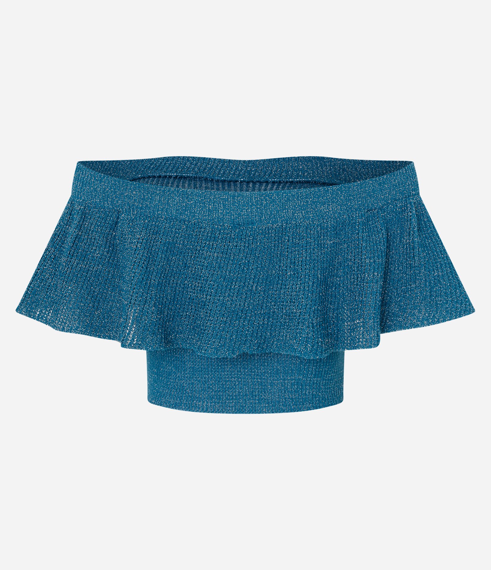 Blusa Curta em Tricô Ombro a Ombro com Fio Metalizado Azul 6