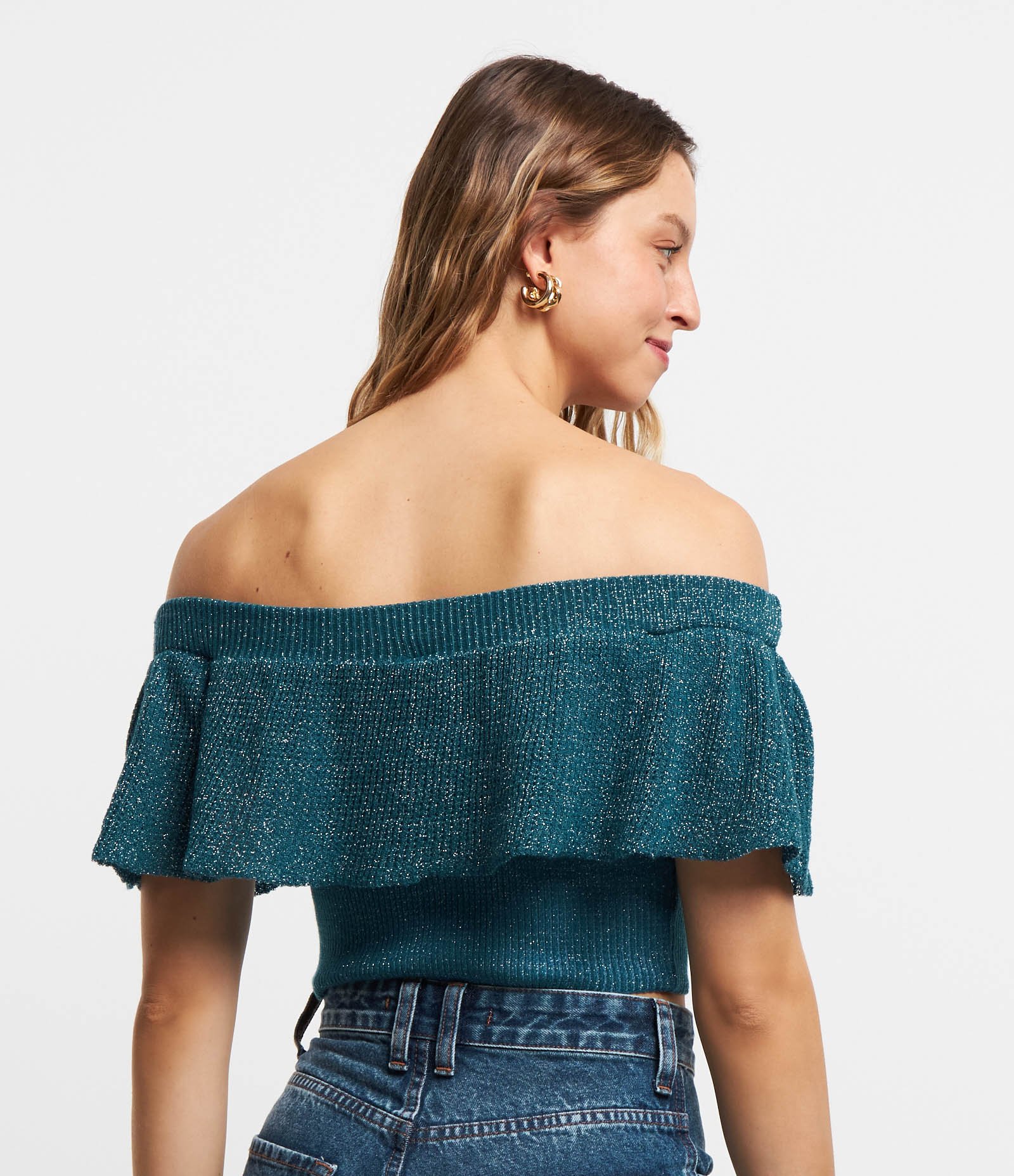 Blusa Curta em Tricô Ombro a Ombro com Fio Metalizado Azul 3
