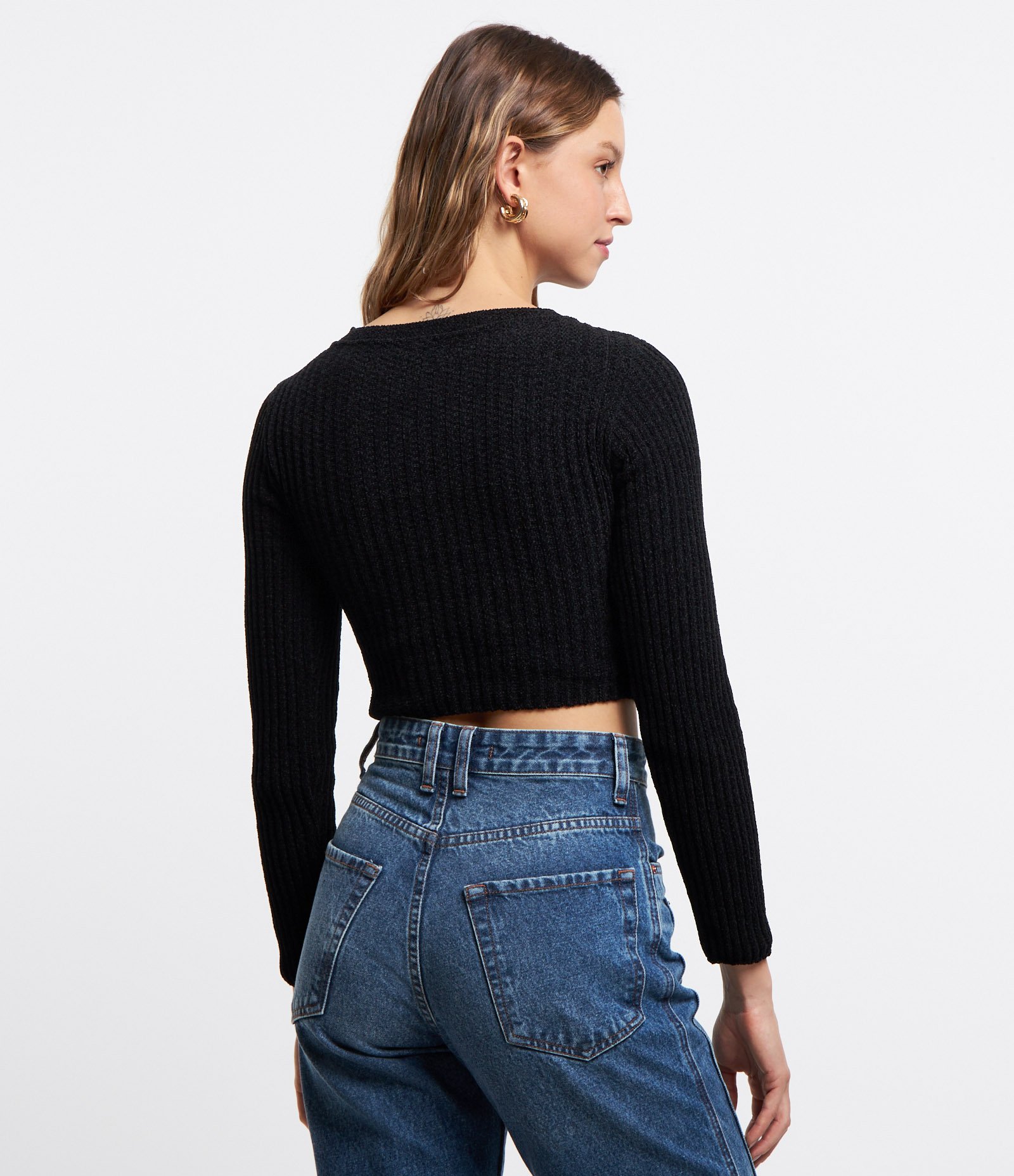 Blusa Cropped em Chenille com Texturas Preto 3