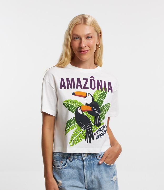 Blusa T-shirt em Algodão com Estampa Folhagem com Tucanos Gardenia 1