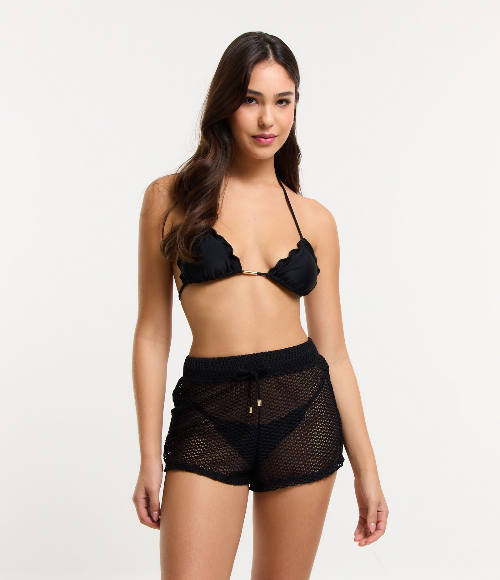 Saída de Praia Short em Poliamida com Efeito Crochê Preto 1