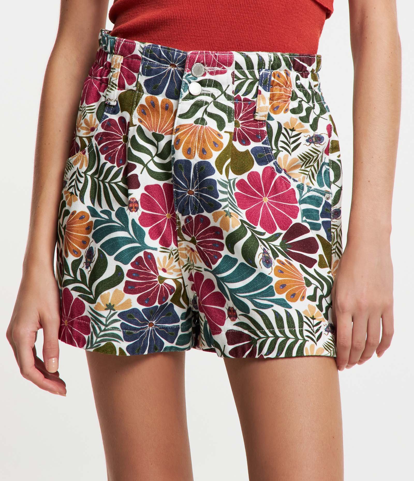 Short Baggy em Sarja com Elástico no Cós e Flores Coloridas Estampadas Multicores 2