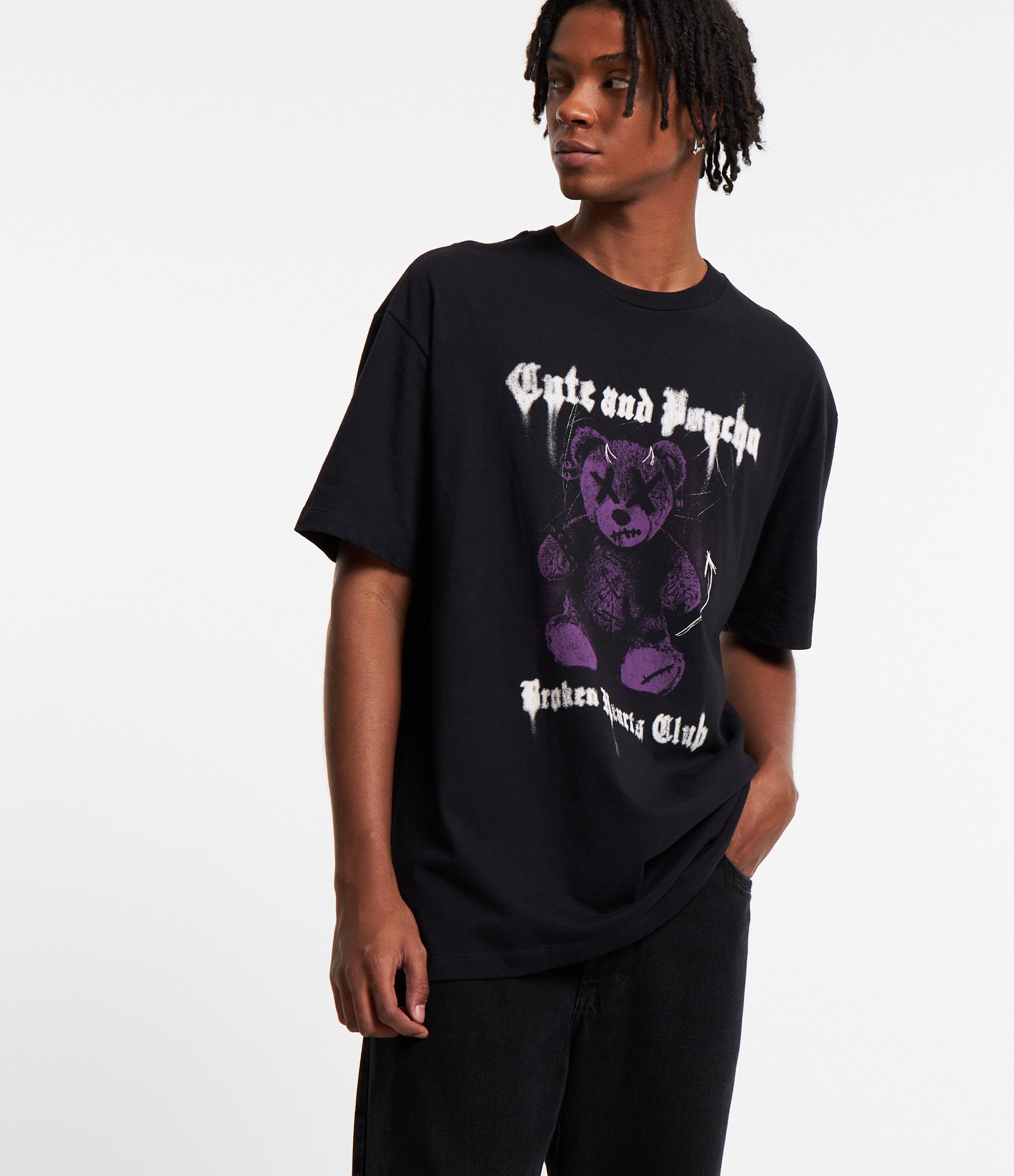 Camiseta Relaxed em Algodão e com Estampa Urso Cute And Psycho Preto 1