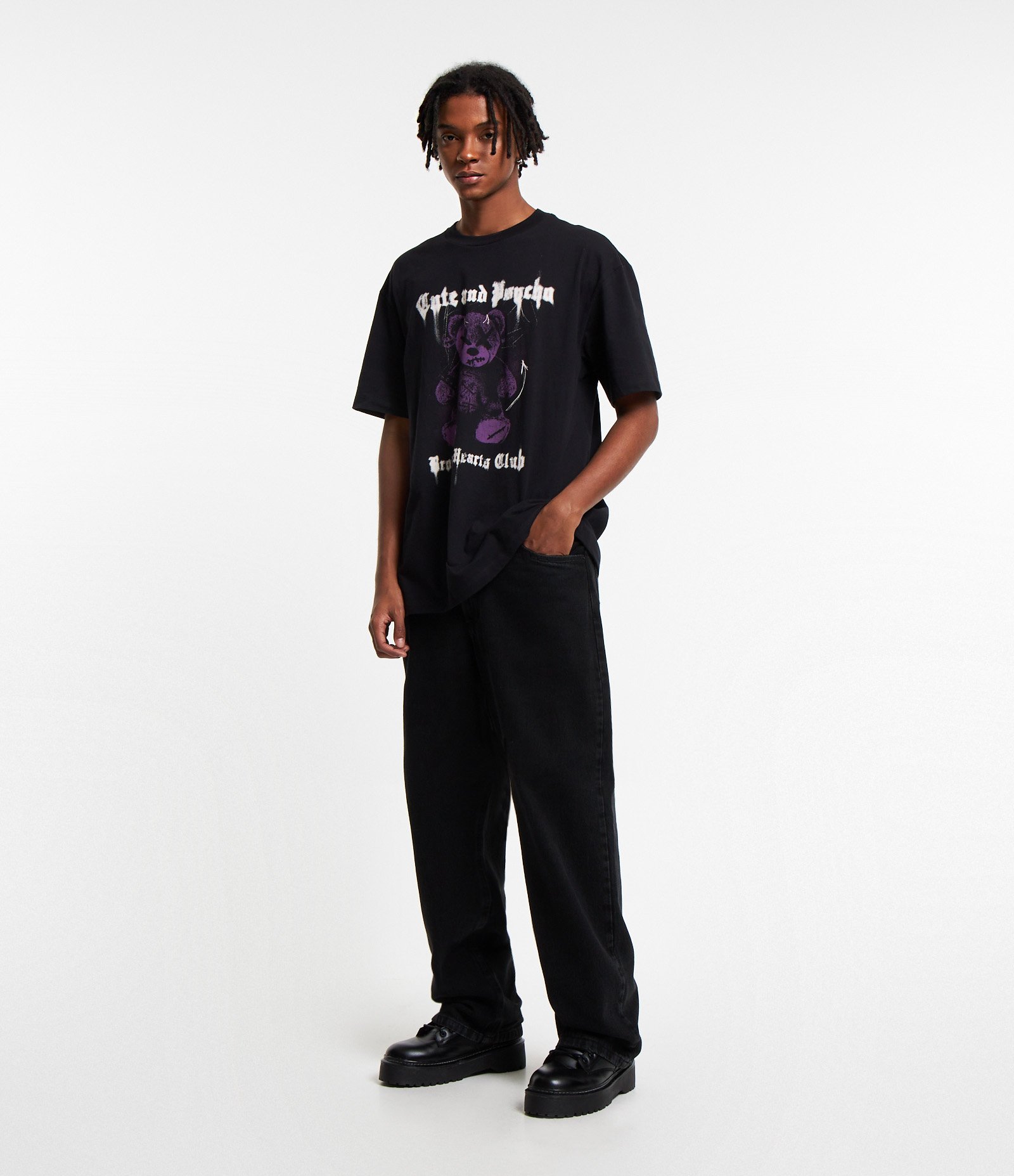 Camiseta Relaxed em Algodão e com Estampa Urso Cute And Psycho Preto 2