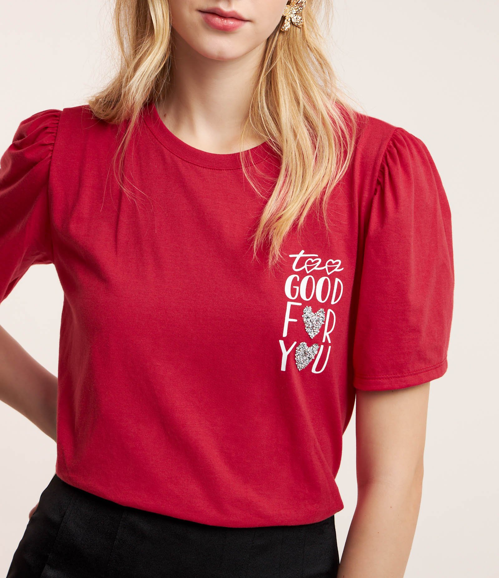 Camiseta em Algodão com Manga Bufante e Estampa Lettering Vermelho 1