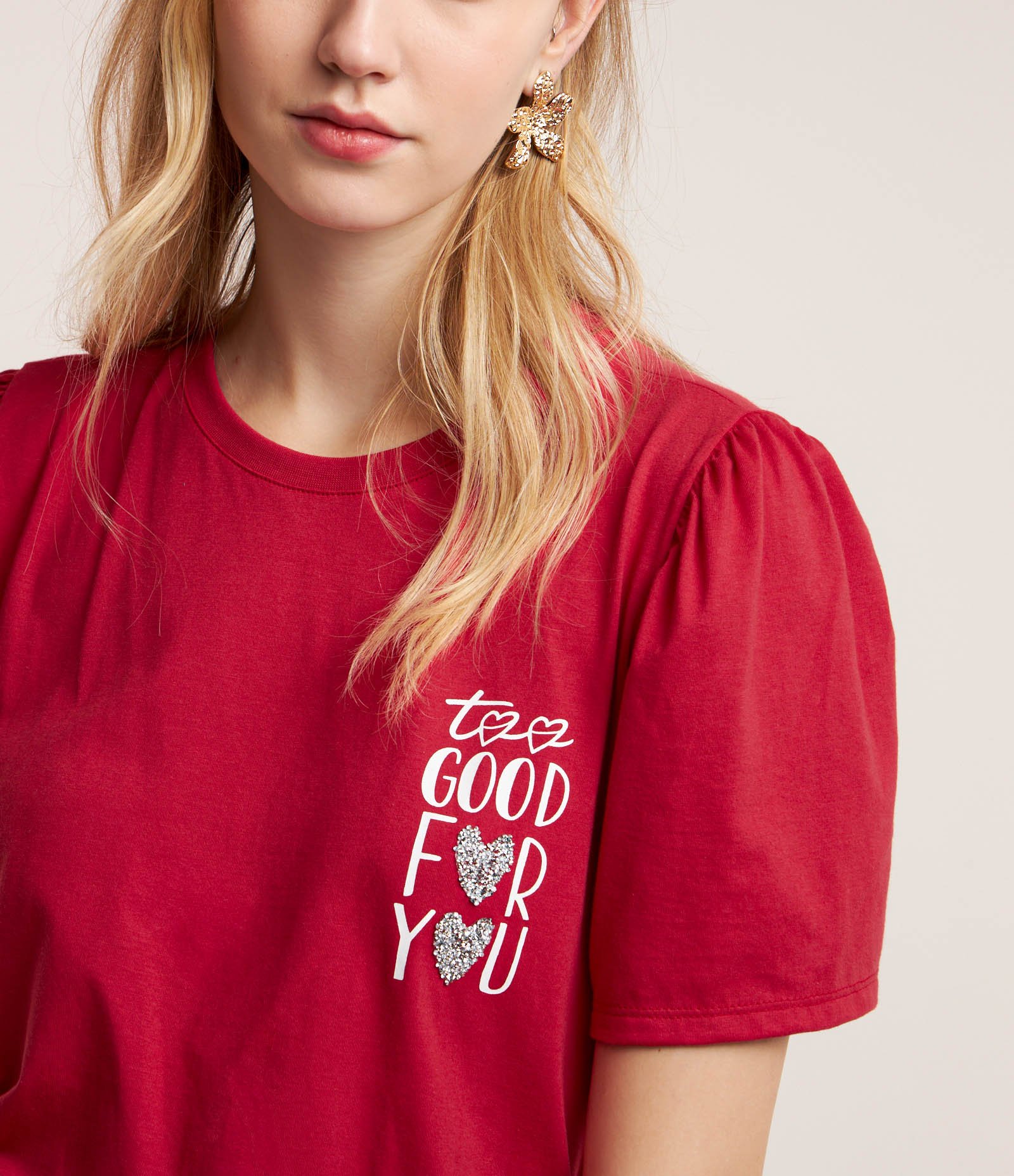 Camiseta em Algodão com Manga Bufante e Estampa Lettering Vermelho 3