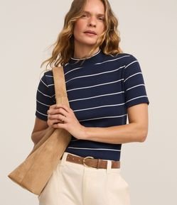 Blusa em Ribana com Golinha Média e Estampa Listrada