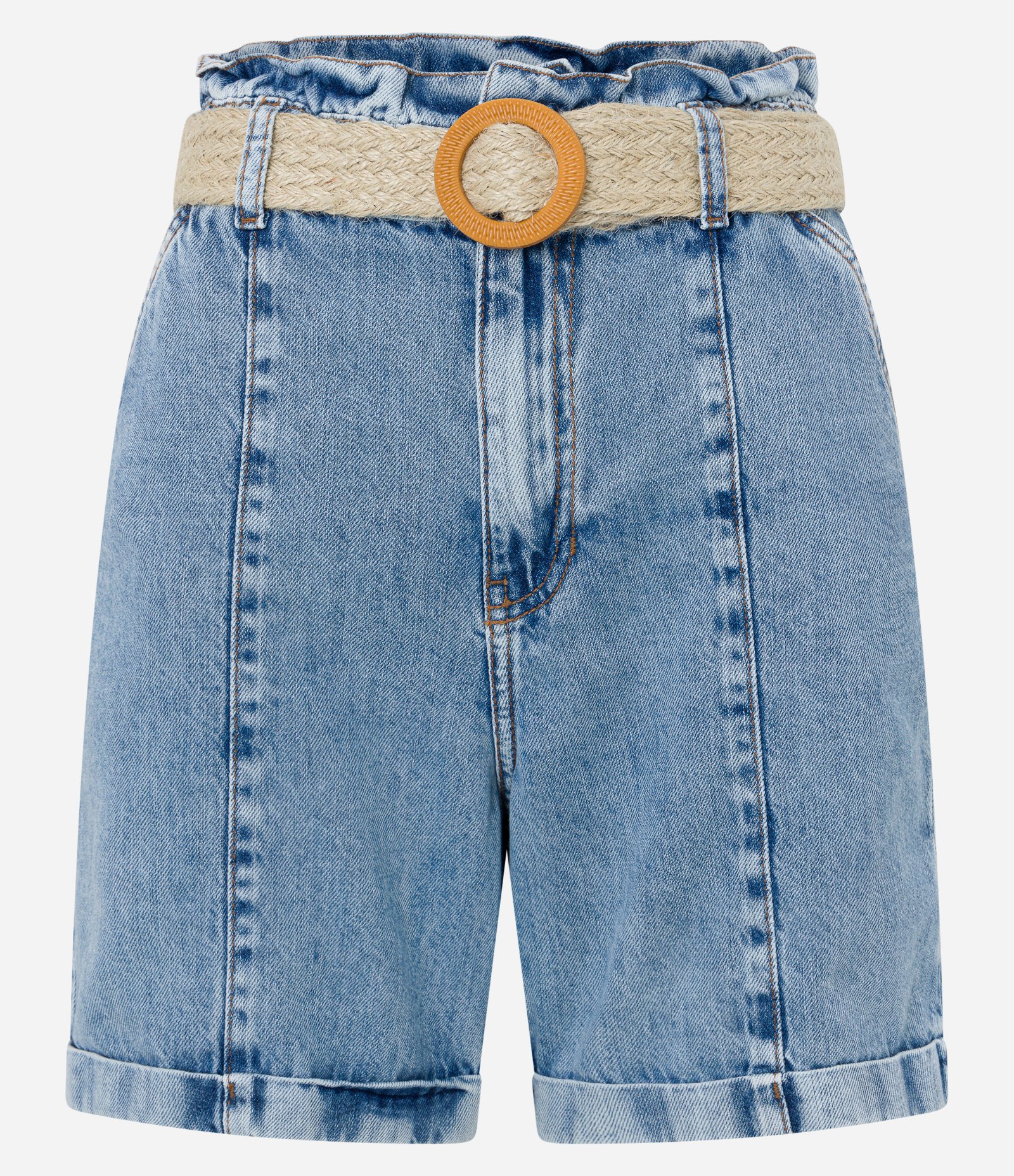 Bermuda em Jeans com Cinto de Palha com Fivela Redonda Azul 6