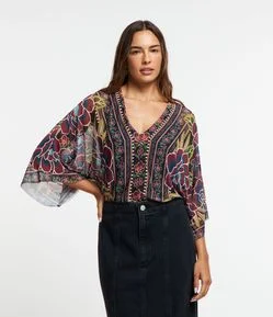 Body Manga 3/4 Godê em Tule com Estampa Floral Tropical