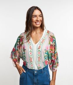 Body Manga Ampla em Tule com Estampa Tropical Étnica