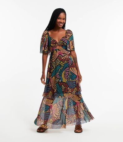 Vestido New Midi em Tule com Estampa Floral de Araras Menor preço em Vestido New Midi em Tule com Estampa Floral de Araras