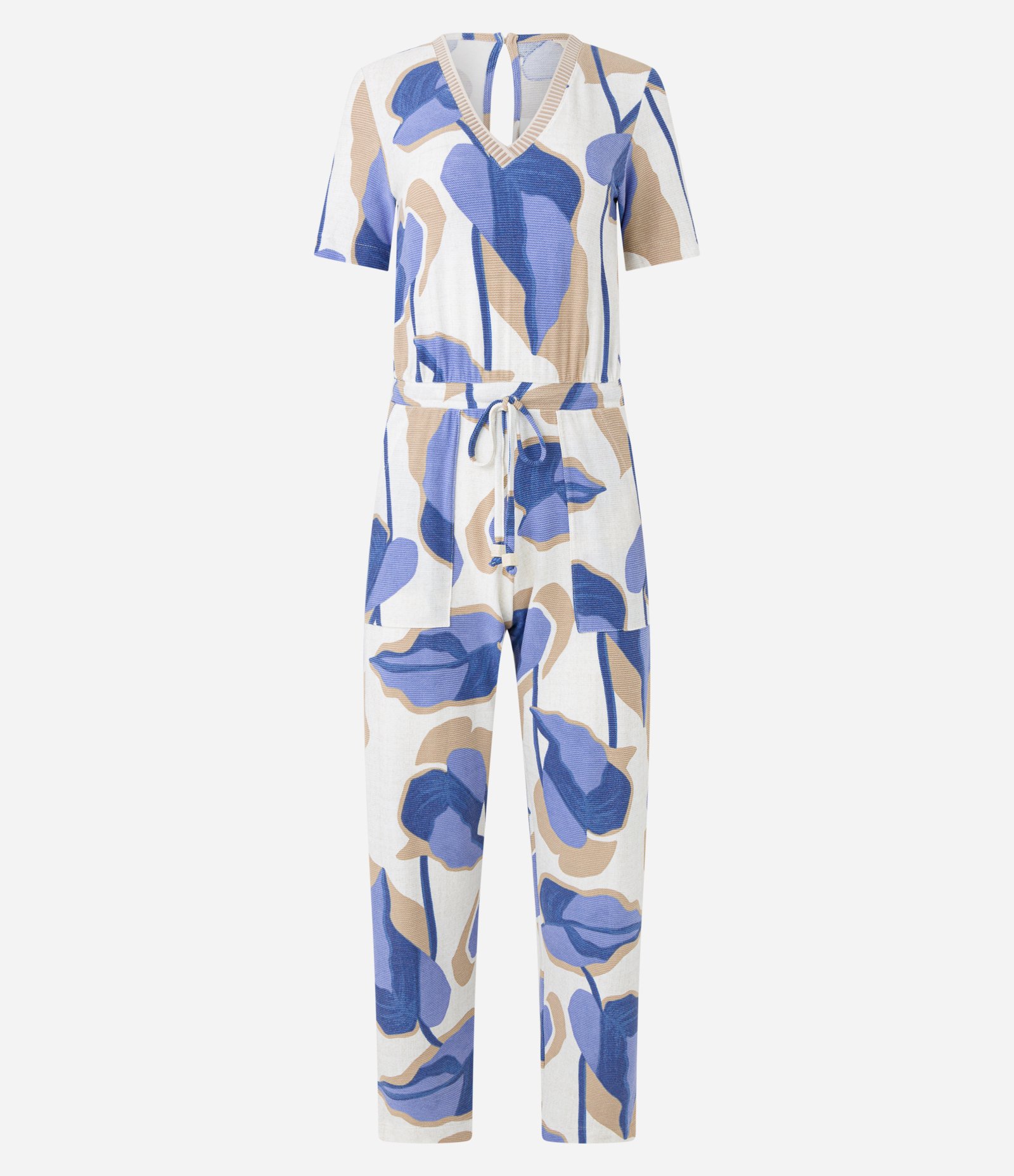 Macacão em Viscose com Amarração na Cintura e Estampa Folhagem Off White/ Azul/ Bege 5