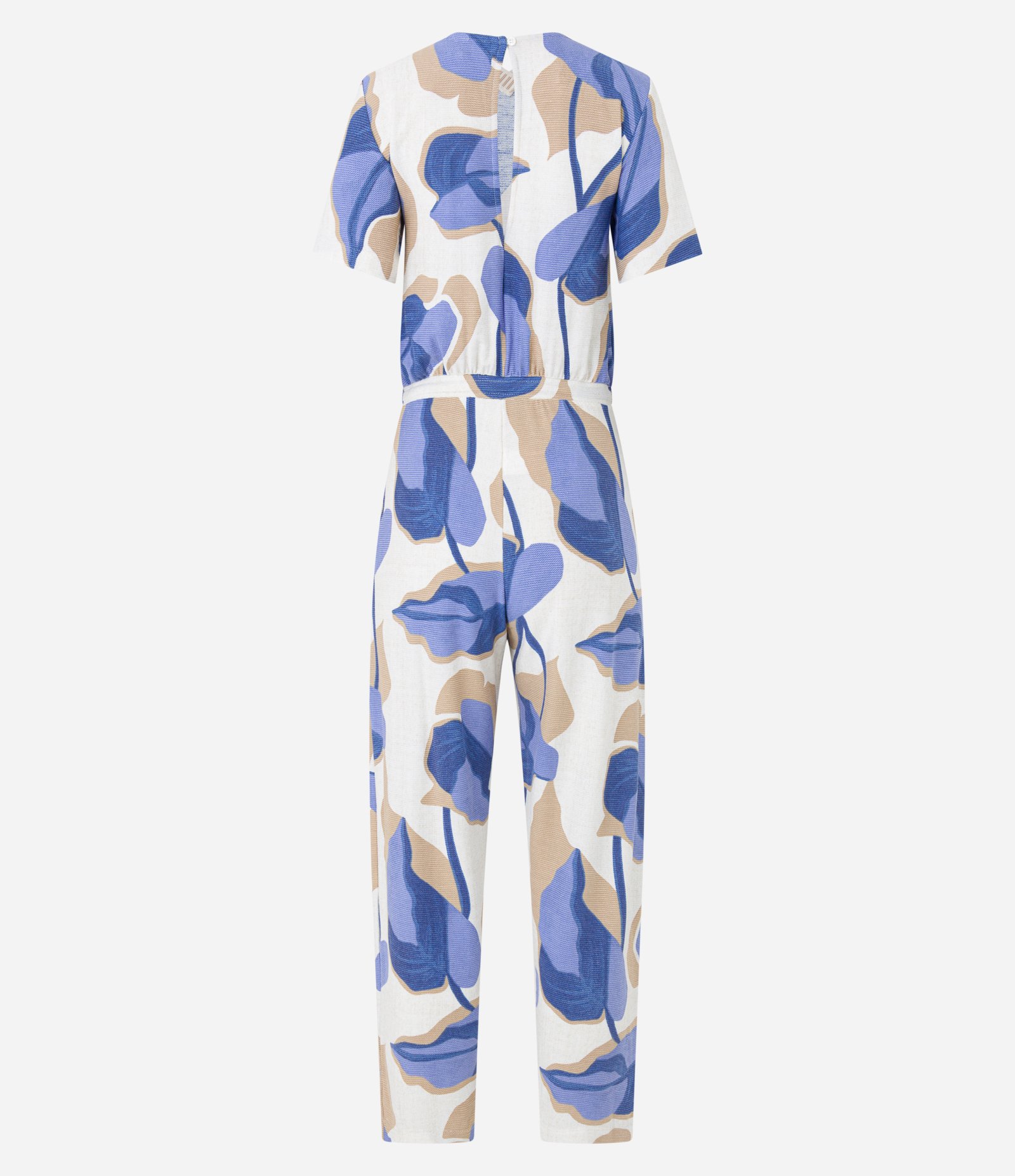 Macacão em Viscose com Amarração na Cintura e Estampa Folhagem Off White/ Azul/ Bege 7
