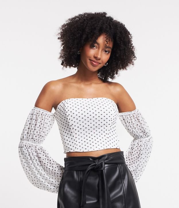 Blusa Tomara que Caia em Tule Corset com Manga Bufante Branco