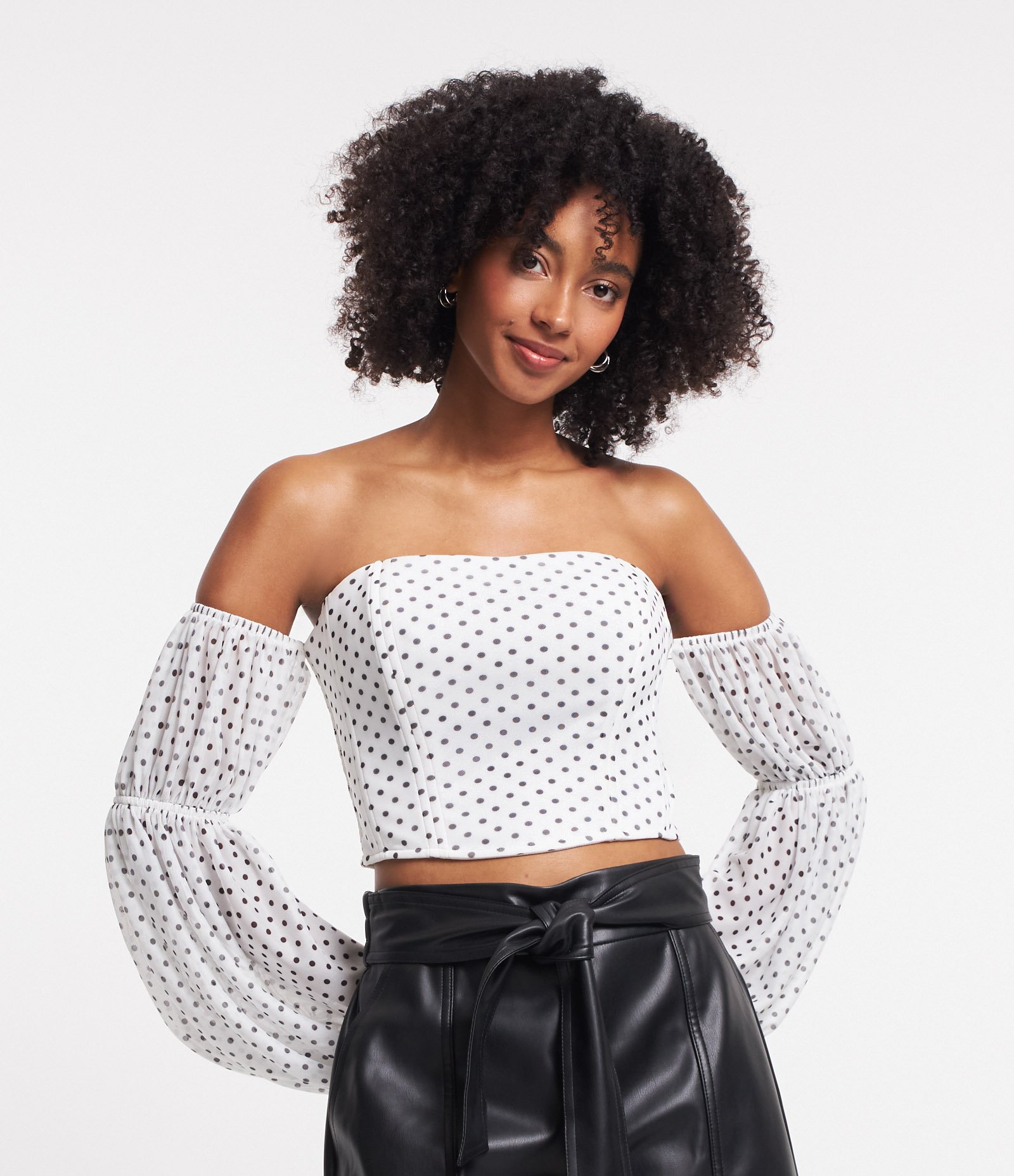Blusa Tomara que Caia em Tule Corset com Manga Bufante Branco 1