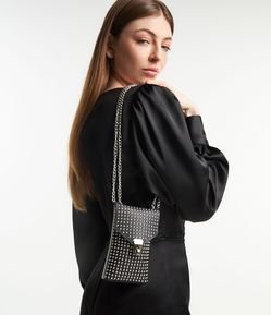 Carteira Porta Celular Grande com Strass e Alça de Corrente