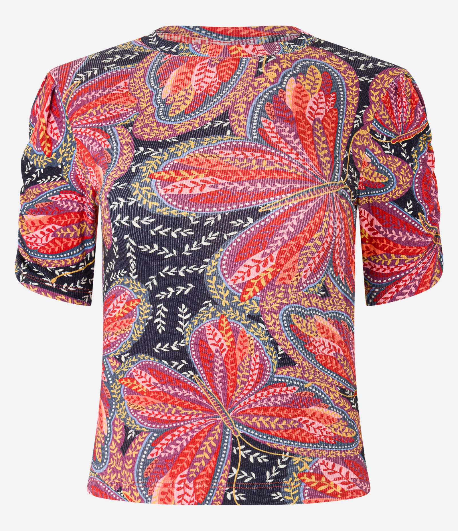 Blusa em Ribana com Manga Franzida e Estampa Borboletas Vermelho 5