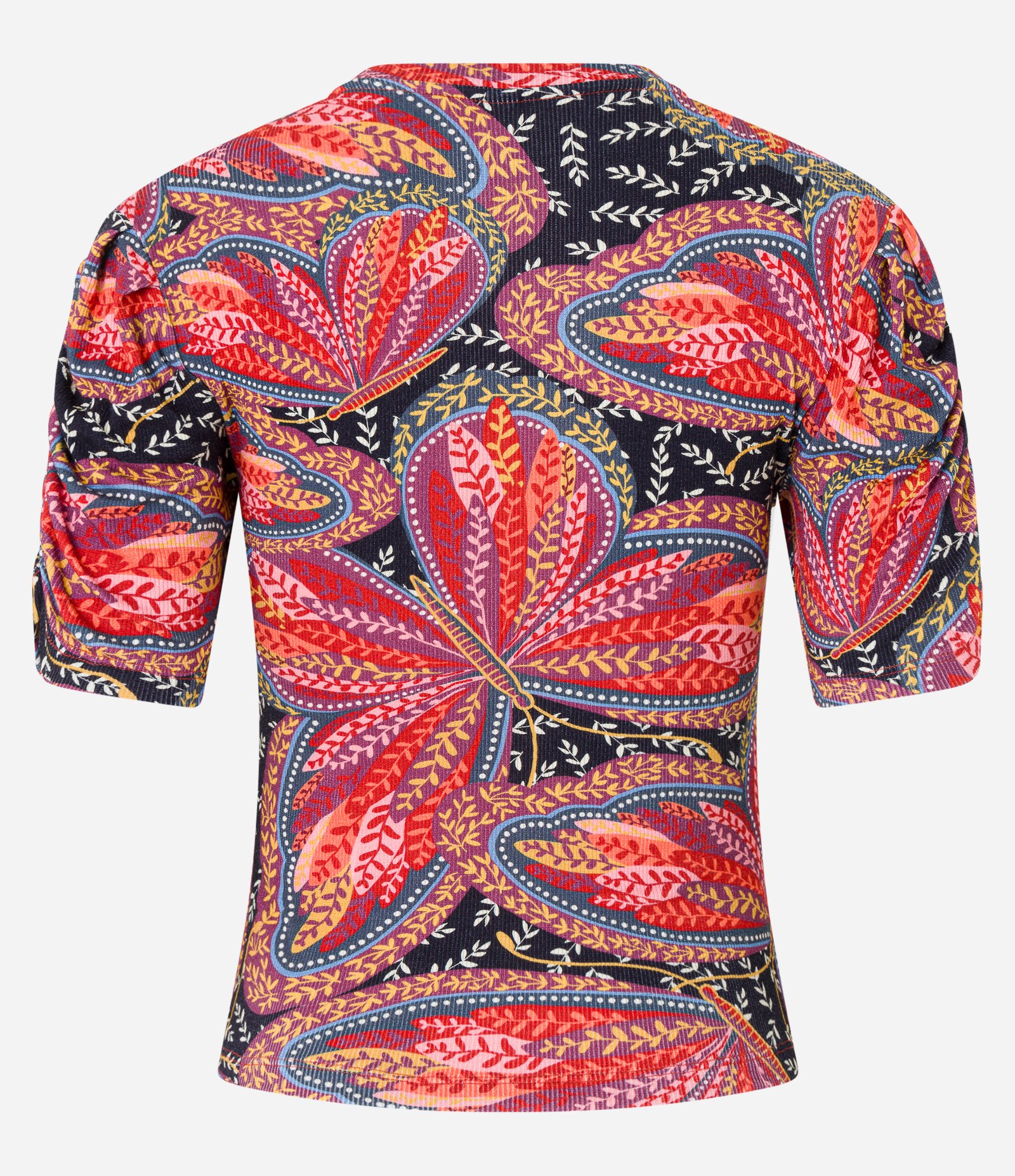 Blusa em Ribana com Manga Franzida e Estampa Borboletas Vermelho 7
