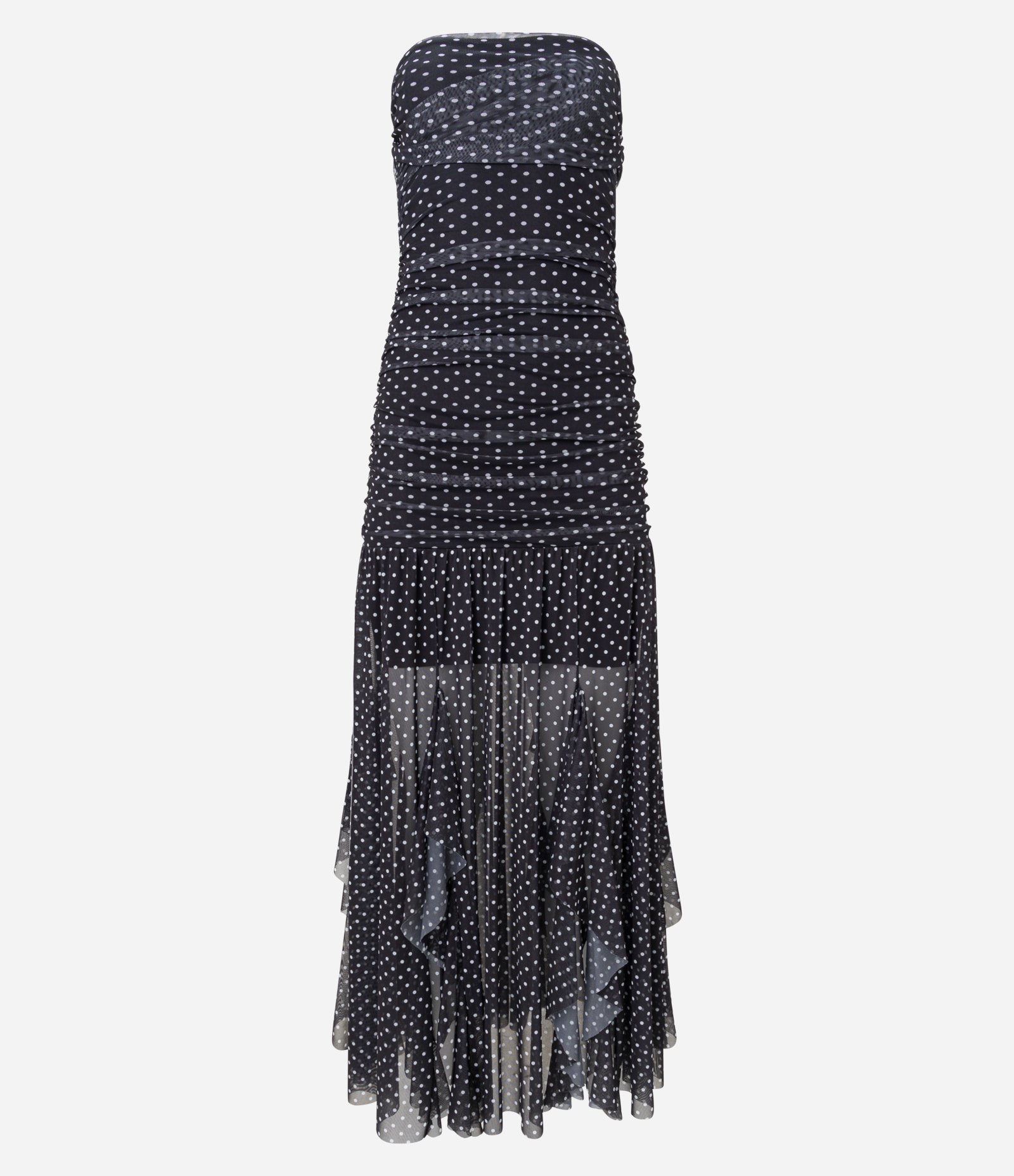 Vestido New Midi em Tule Poá com Drapeado e Babados Preto 6