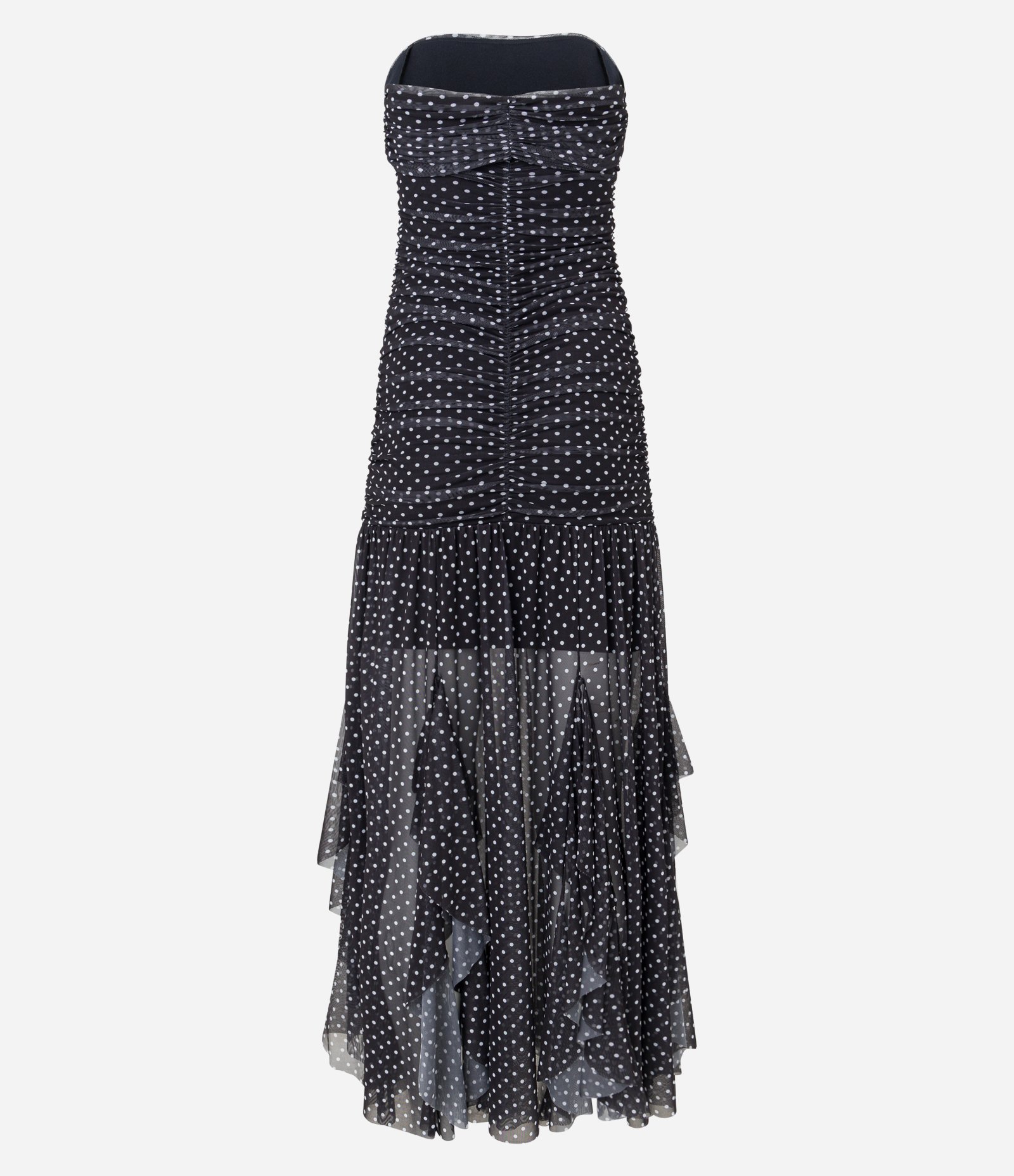 Vestido New Midi em Tule Poá com Drapeado e Babados Preto 7