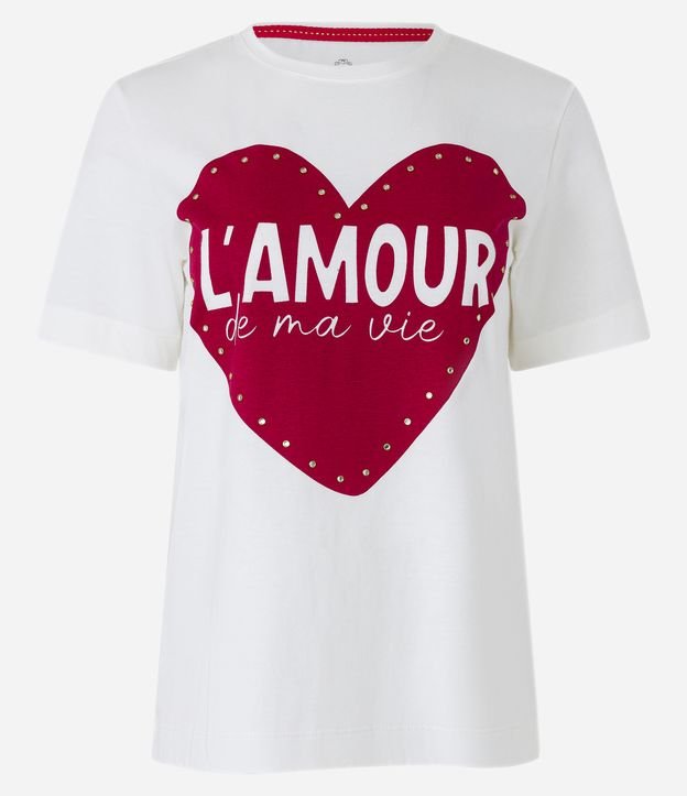 Blusa T-shirt em Algodão com Estampa Coração L`amour e Brilhos Aplicados Branco 1