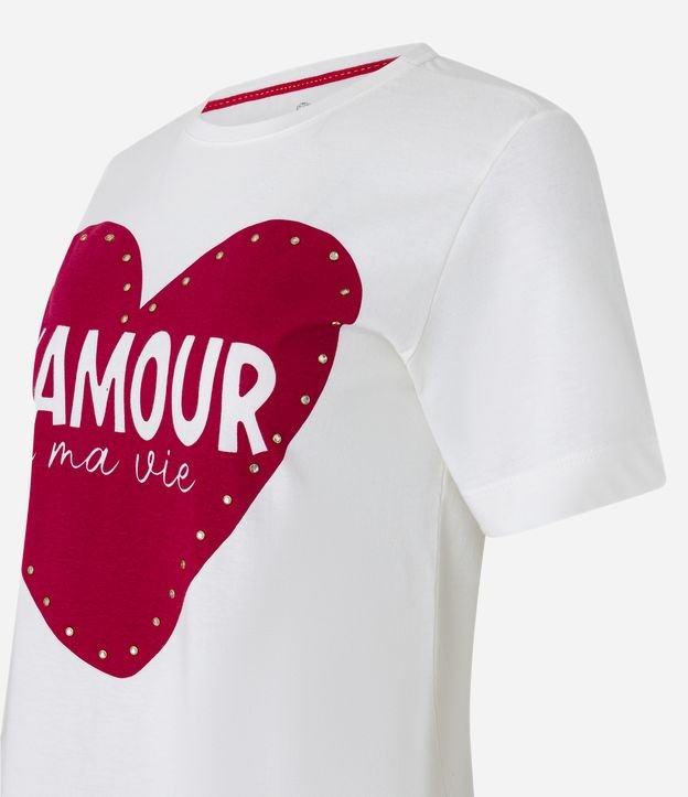 Blusa T-shirt em Algodão com Estampa Coração L`amour e Brilhos Aplicados Branco 2