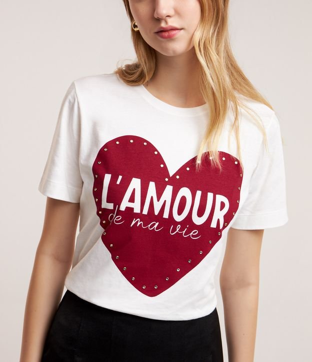 Blusa T-shirt em Algodão com Estampa Coração e Brilhos Aplicados Branco 3