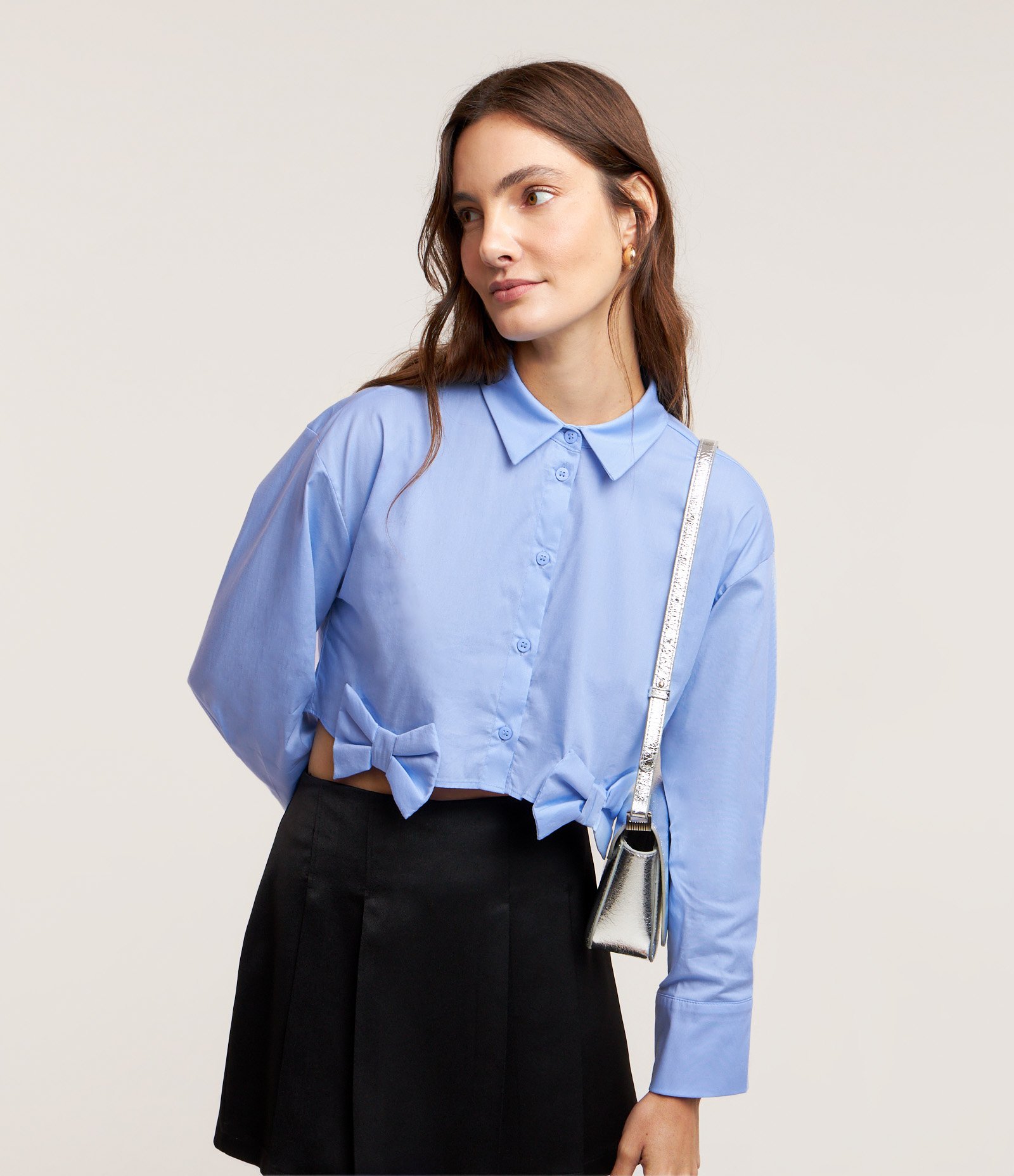 Camisa Cropped em Tricoline com Laços na Barra 1