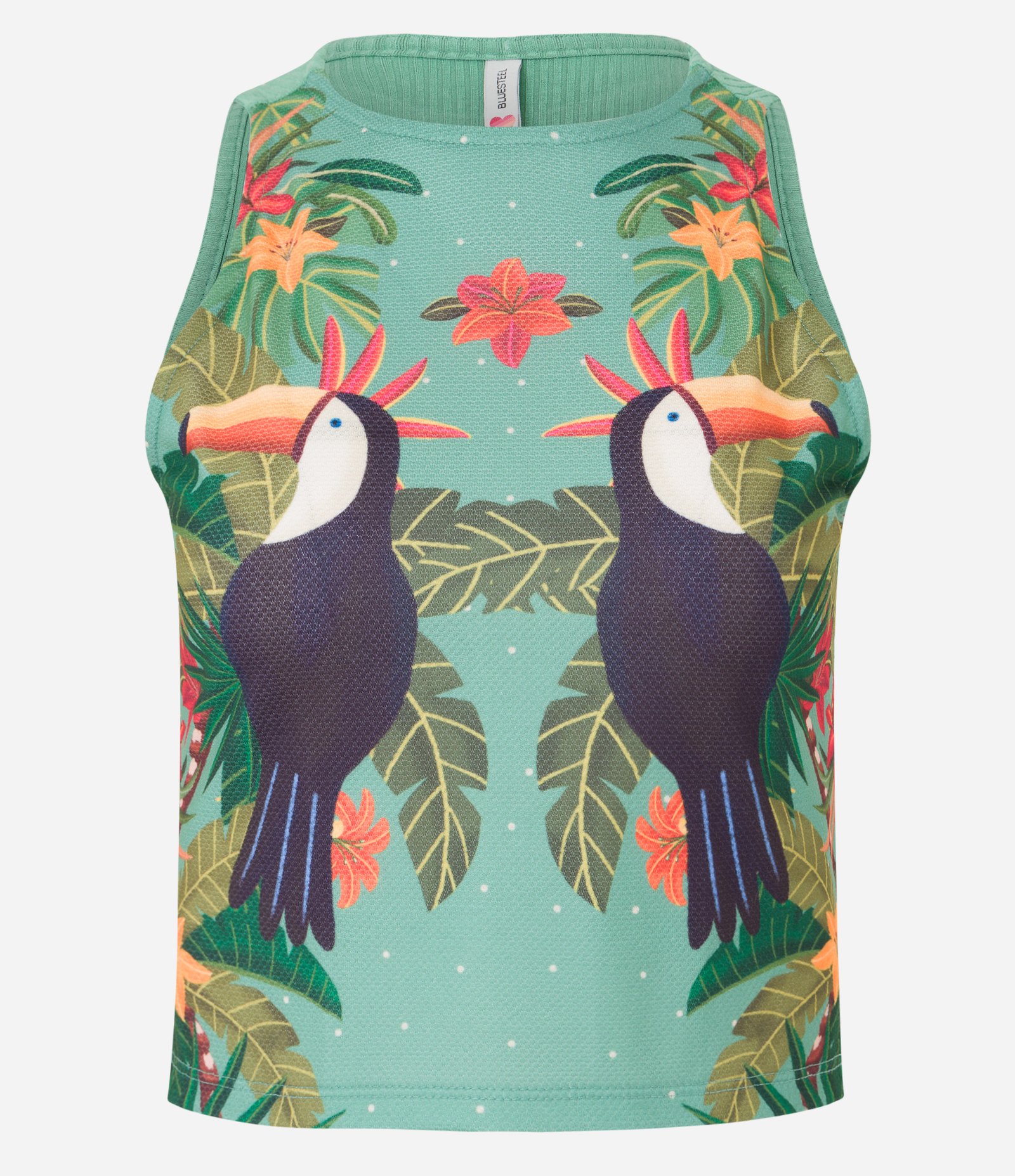 Blusa Sem Manga em Ribana com Tucanos Estampados Verde 6