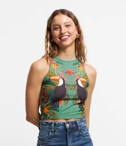 Blusa Sem Manga em Ribana com Tucanos Estampados