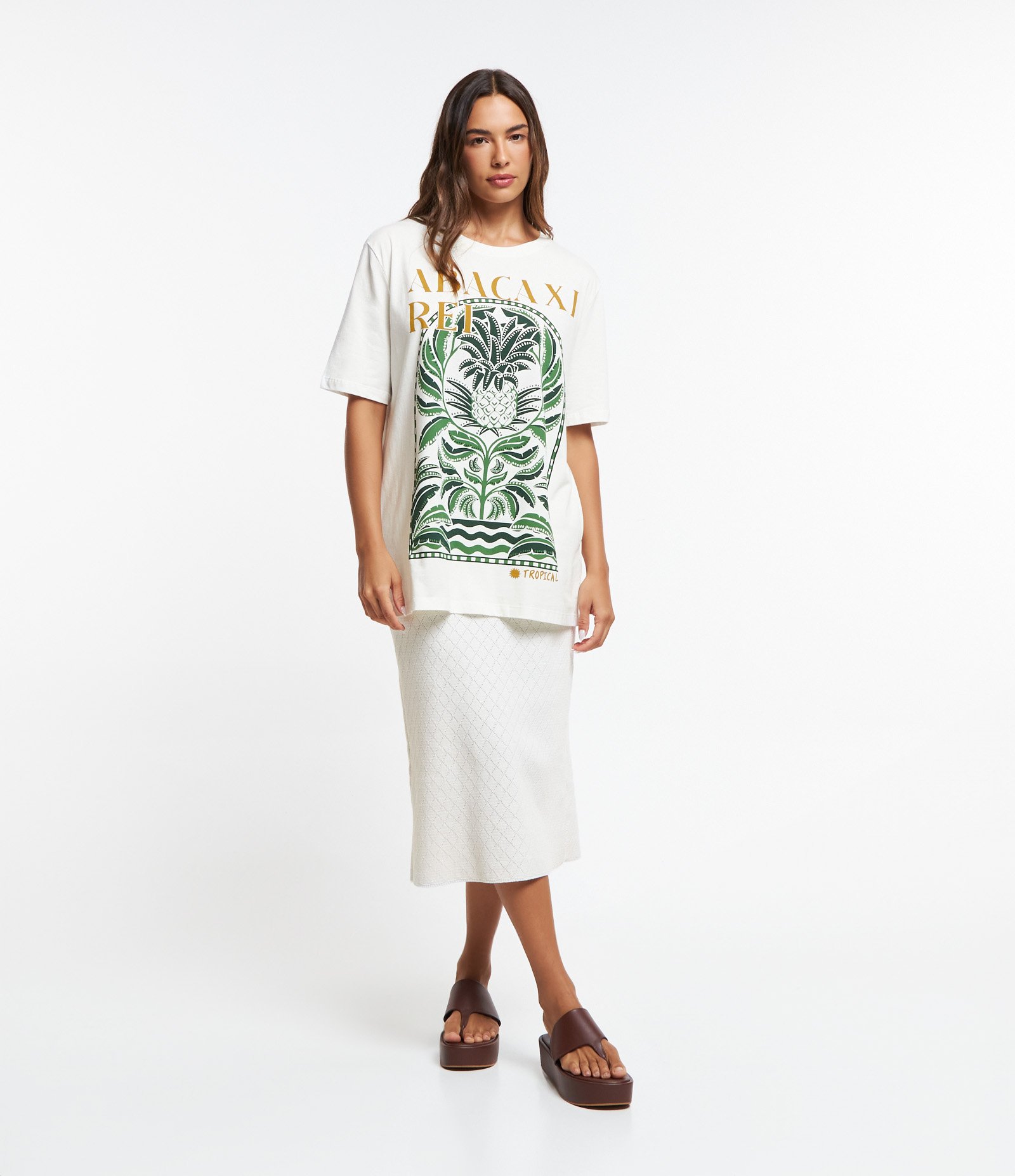 Camiseta Alongada em Algodão com Estampa Abacaxi Rei Branco 2