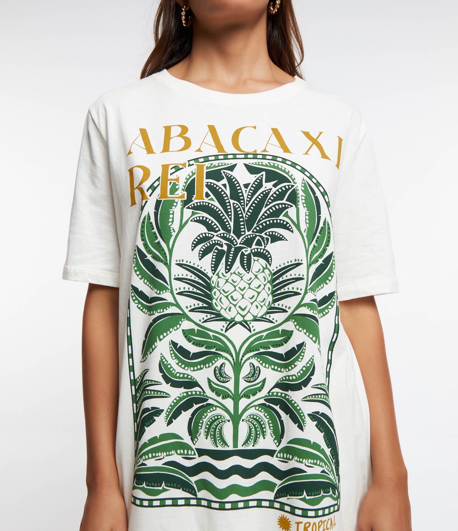 Camiseta Alongada em Algodão com Estampa Abacaxi Rei Branco 4