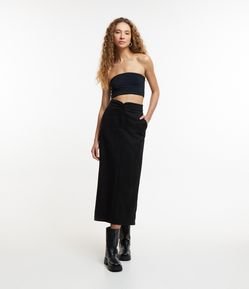 Saia New Midi em Suede com Cós Alfaiatado e Bolsos