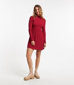 Vestido Curto em Ribana com Gola Altinha e Saia Franzida