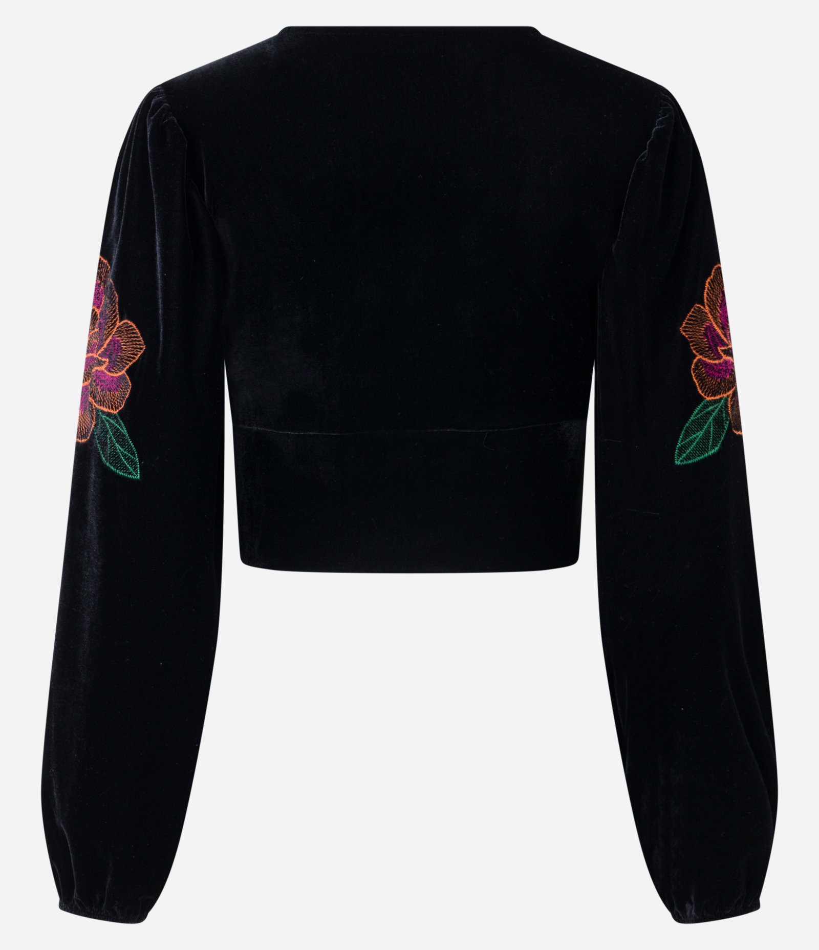 Blusa em Veludo Transpassado com Bordado Floral na Manga Preto 7