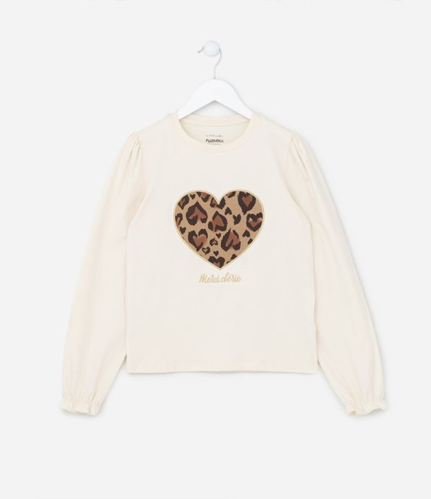 Blusa Infantil com Manga Bufante e Bordado Coração - Tam 5 A 14