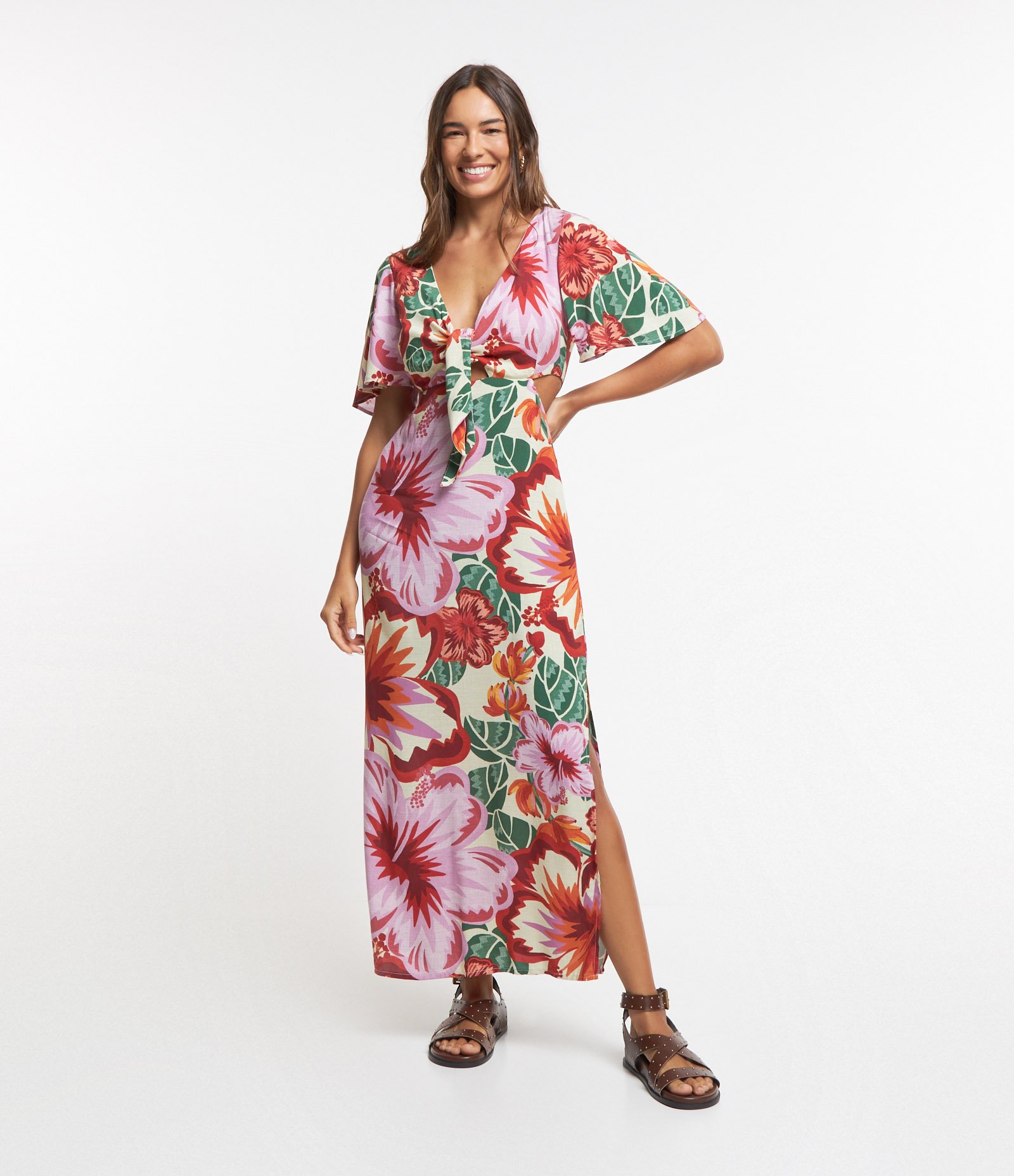 Vestido New Midi em Viscose com Estampa Floral e Amarração Off White 1