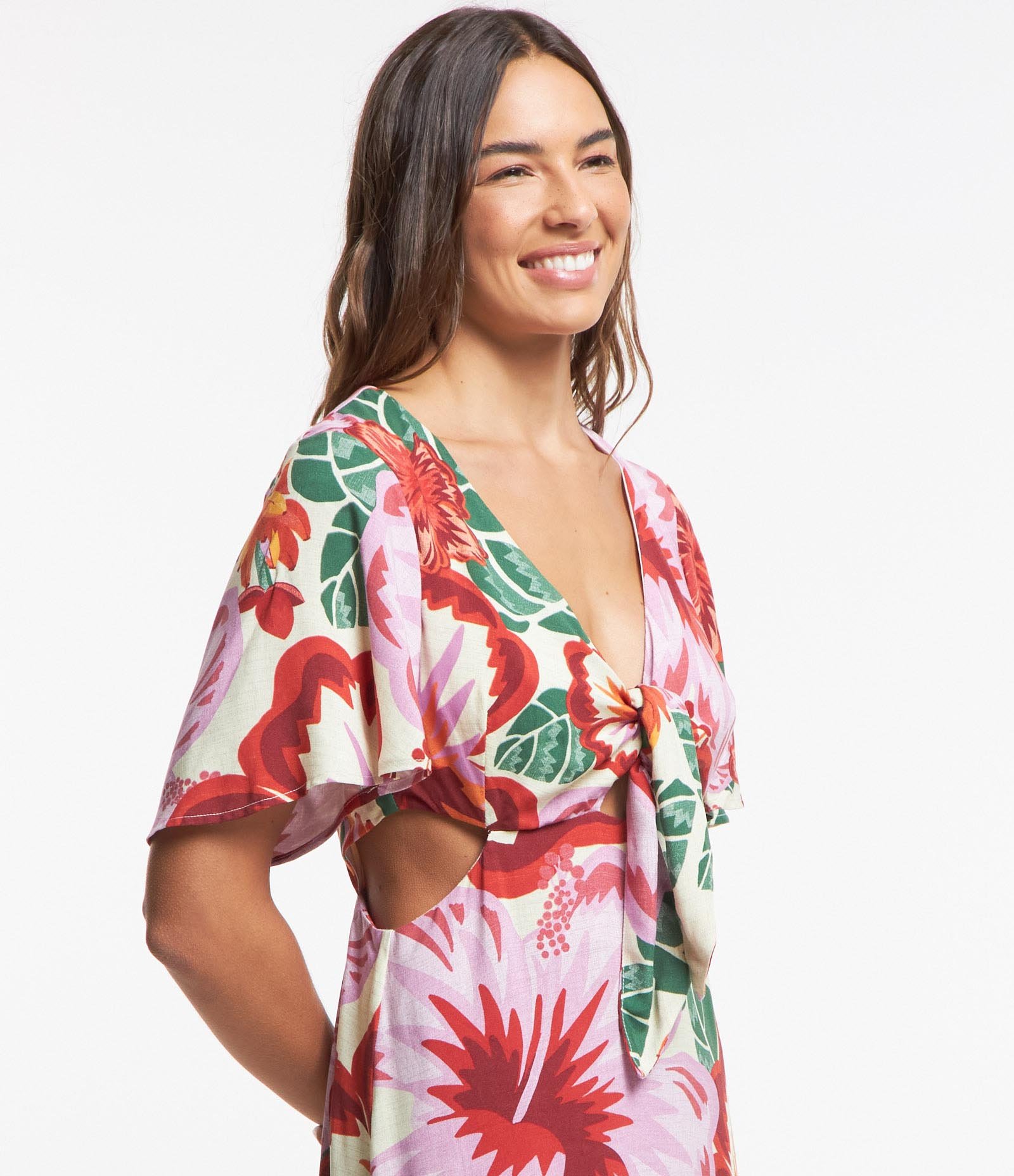Vestido New Midi em Viscose com Estampa Floral e Amarração Off White 4