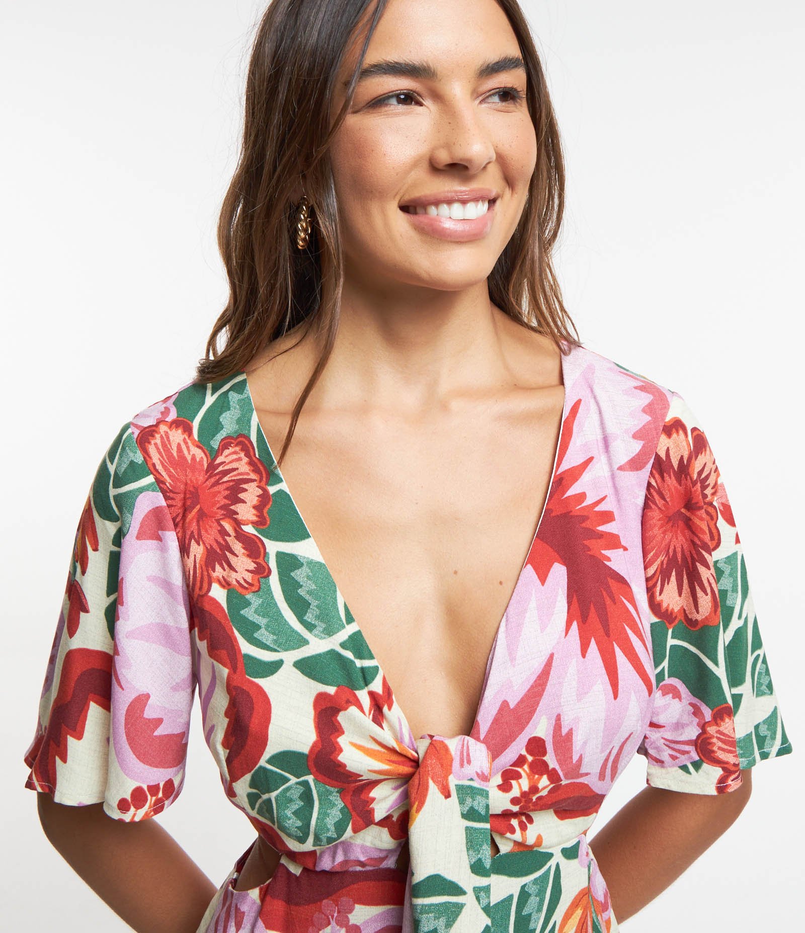Vestido New Midi em Viscose com Estampa Floral e Amarração Off White 5