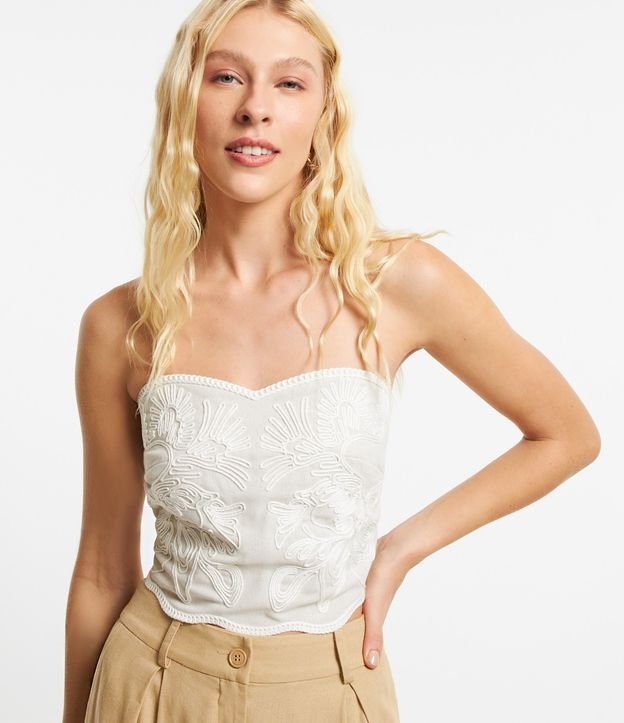 Blusa Tomara que Caia com Bordado Abstrato e Lastex