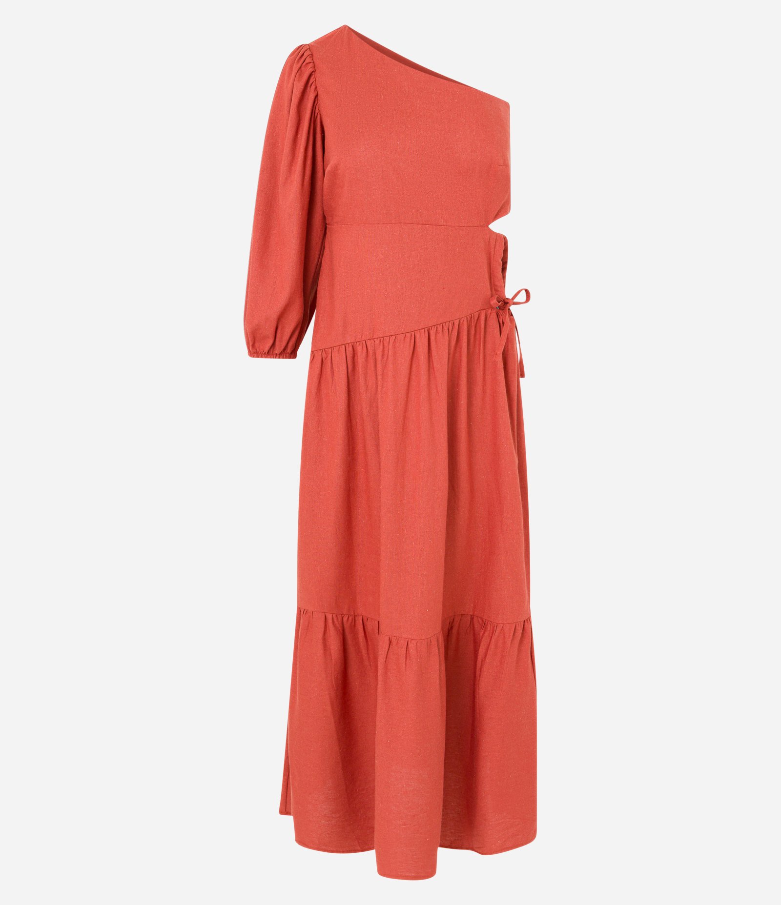 Vestido New Midi em Viscose e Linho com Um Ombro Só e Amarração Lateral Laranja 4