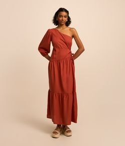 Vestido New Midi em Viscose e Linho com Um Ombro Só e Amarração Lateral