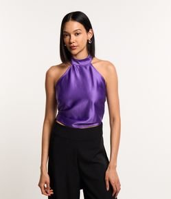 Blusa Frente Única em Tecido Acetinado com Laço nas Costas