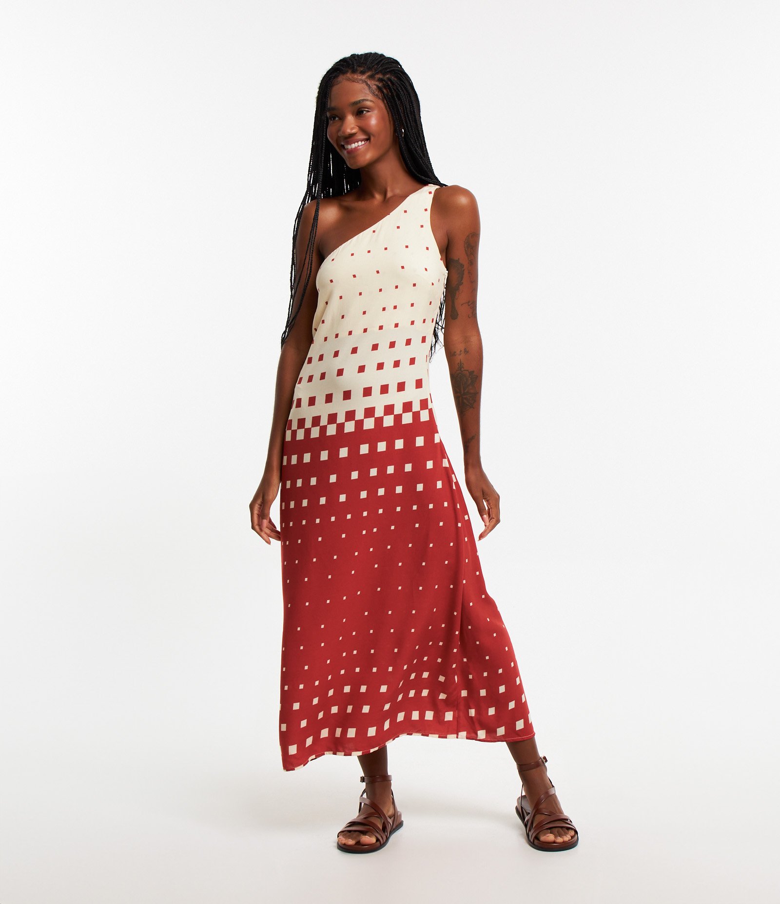Vestido New Midi em Viscose com Um Ombro Só e Estampa Quadriculada Vermelho 1