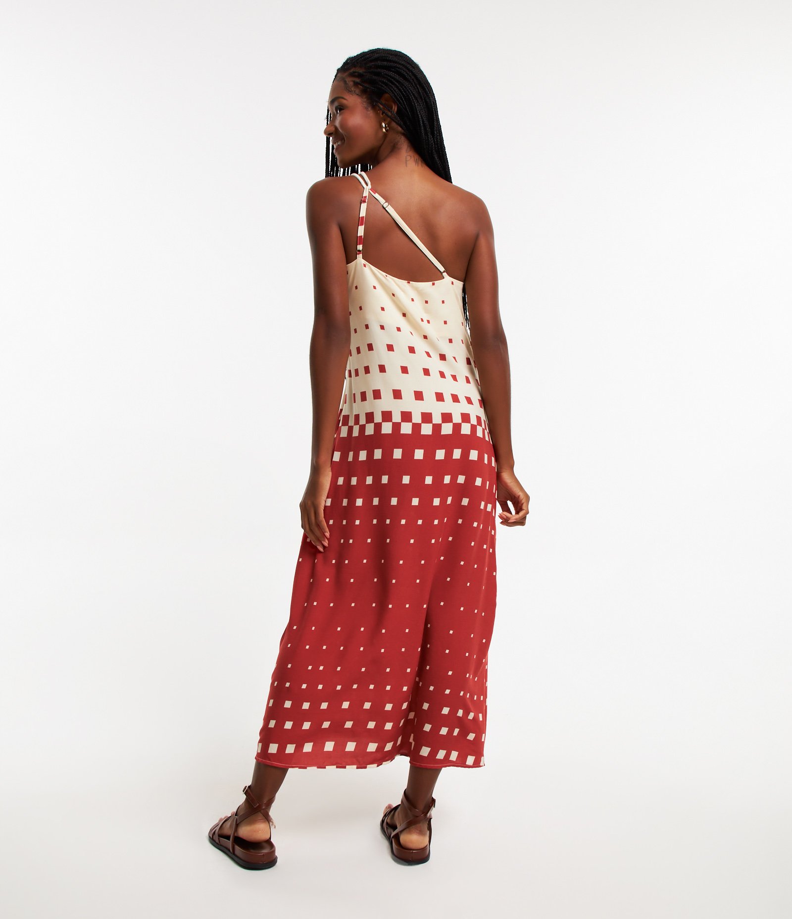 Vestido New Midi em Viscose com Um Ombro Só e Estampa Quadriculada Vermelho 3