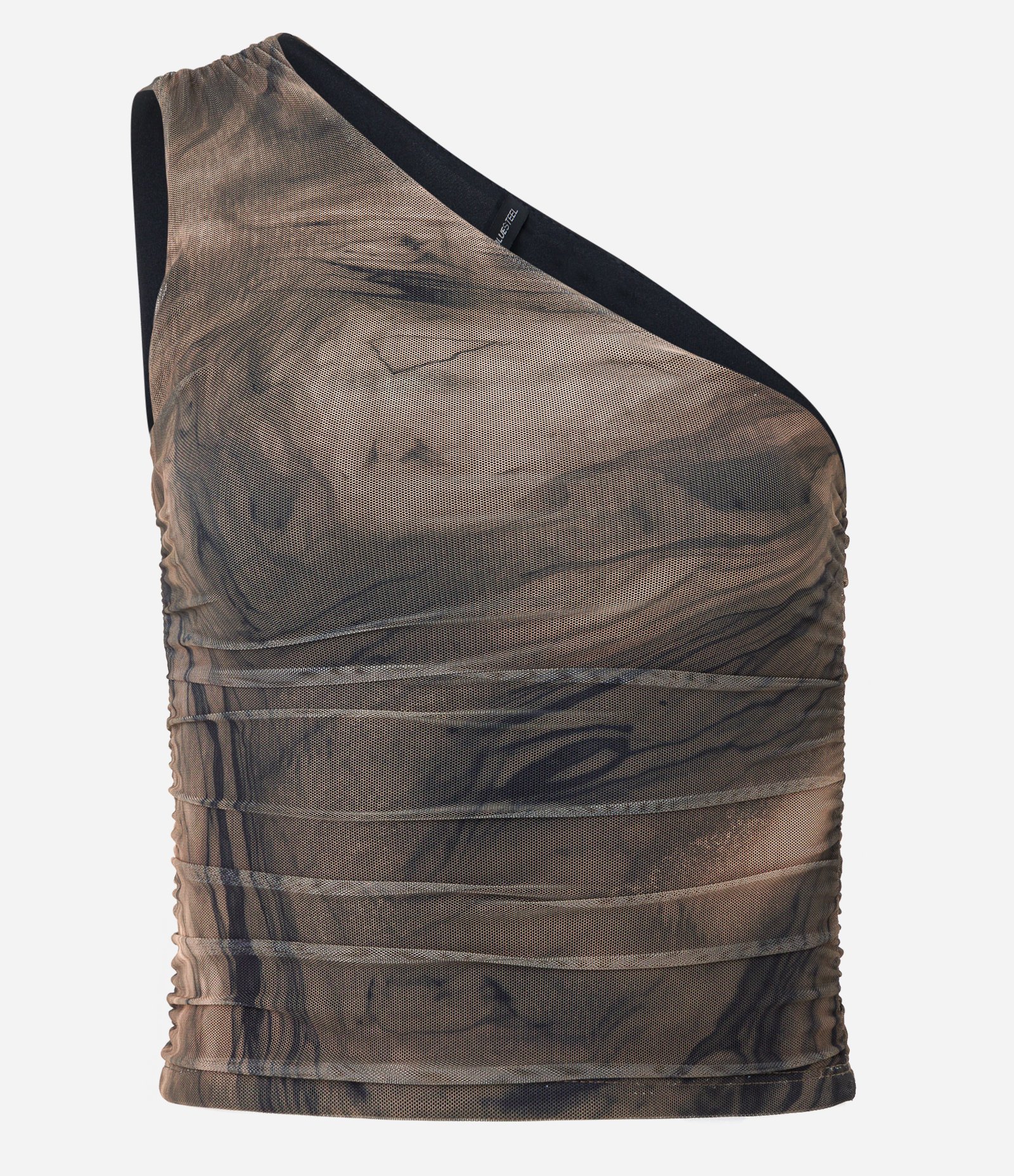 Blusa em Tule com Um Ombro Só e Estampa Abstrata Preto/Marrom 6