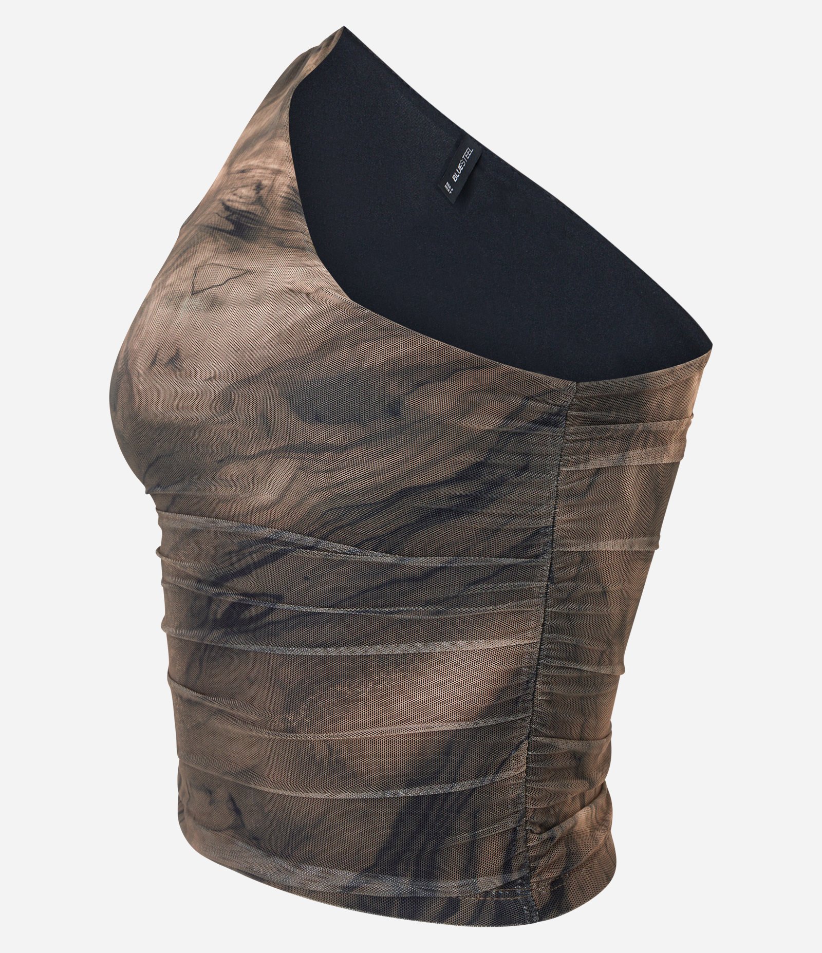 Blusa em Tule com Um Ombro Só e Estampa Abstrata Preto/Marrom 7